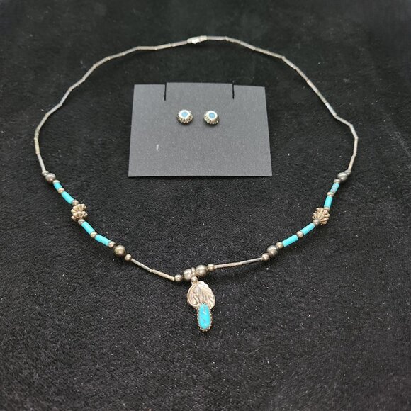Vintage Turquoise & Sterling Necklace & Earring Set - Picture 1 of 6